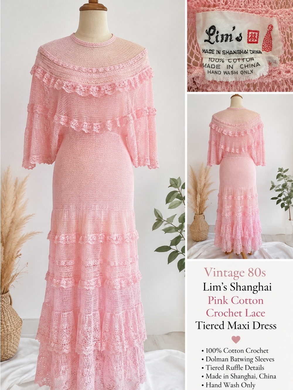 Vintage 1980s Lim’s Shanghai 100% Cotton Crochet Lace Tiered Dress S